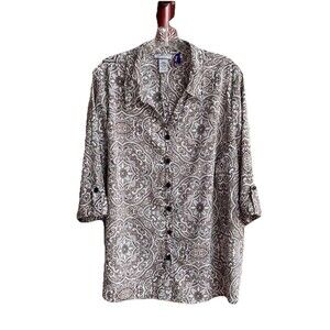 Catherines Sz 3X Neutral Paisley  Blouse Shirt Top Faux Tab 3/4 Sleeve Plus